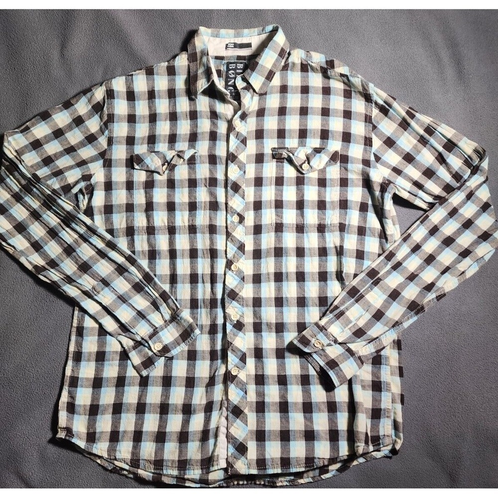 Billabong Shirt Men Medium White Black Plaid Button Down Long Sleeve Collared